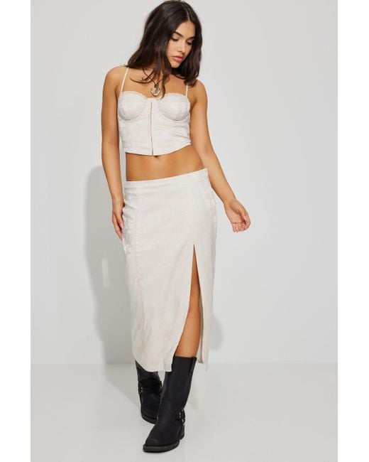 Garage White Satin High Slit Midi Skirt