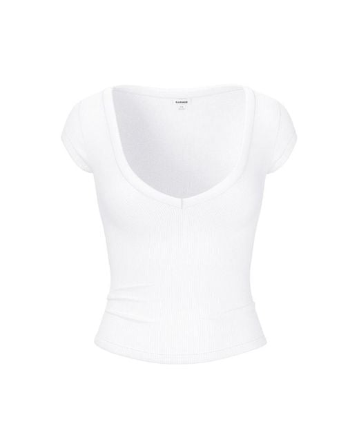Garage White Snatchrib Deep V-Neck T-Shirt