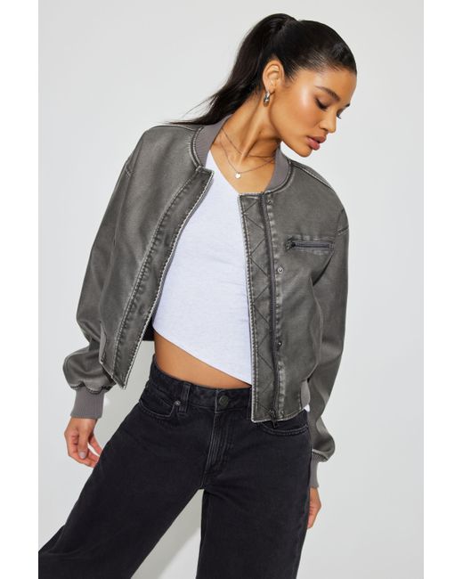 Garage Gray Crop Washed Faux Leather Bomber