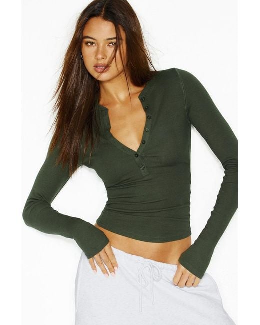 Garage Green Snatchrib Crewneck Henley Long Sleeve Top