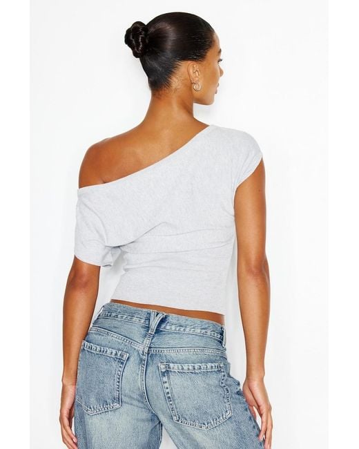 Garage White Off Shoulder Short Sleeve Cinch Waist Top