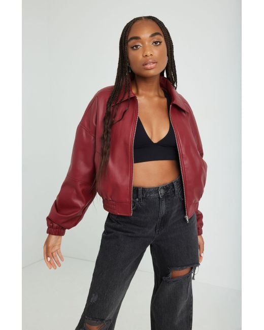 Garage Faux Leather Bomber Jacket in Red