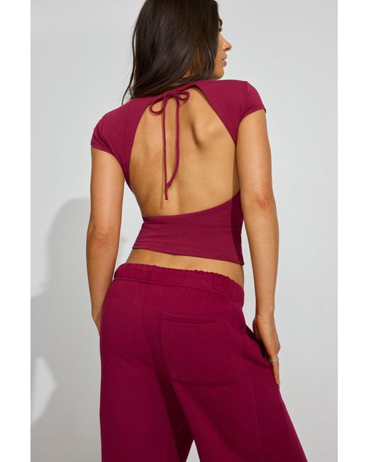 Garage Red Crew Neck Open Back Short Sleeve Top