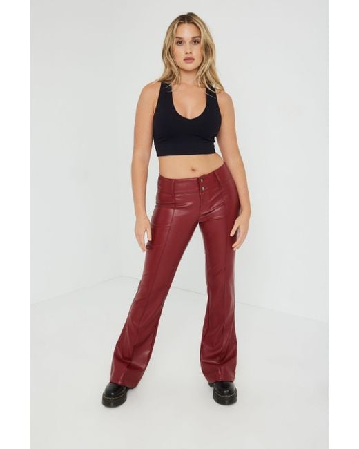 Garage Red Faux Leather Flare Low Rise Pant