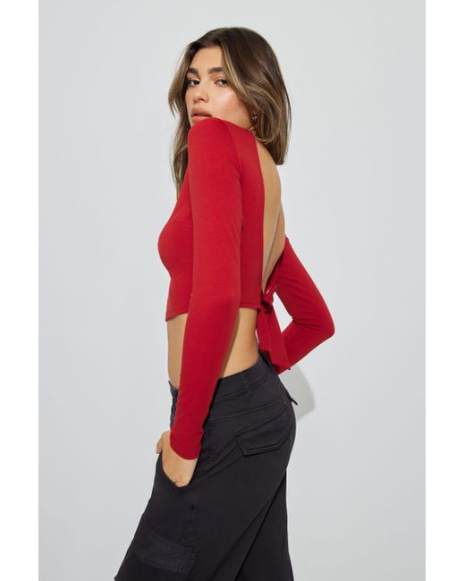 Garage Red Cropped Tie Back Long Sleeve Top