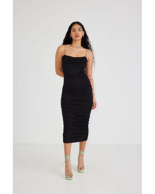 COLLUSION cowl neck mini slip dress with mesh shrug in black