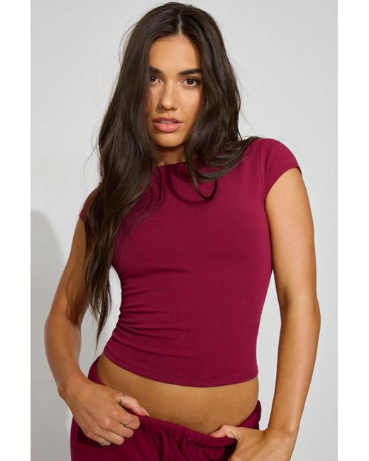 Garage Red Crew Neck Open Back Short Sleeve Top