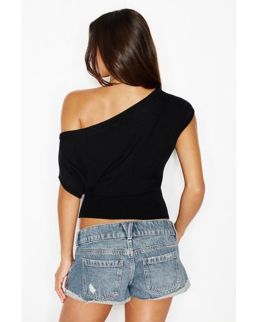 Garage Blue Off Shoulder Short Sleeve Cinch Waist Top