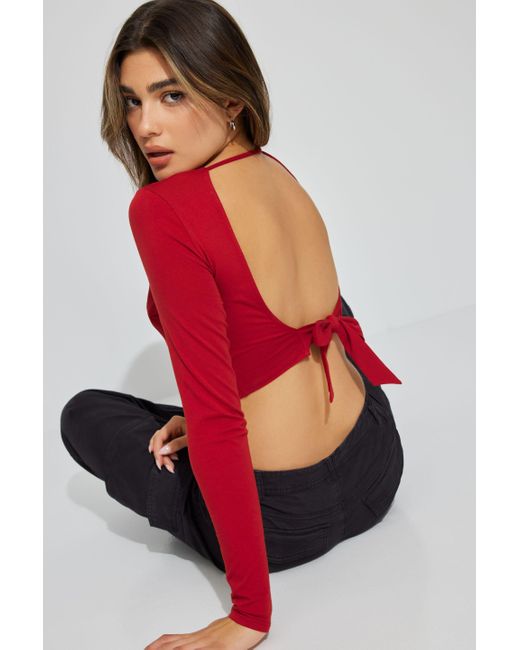 Garage Red Cropped Tie Back Long Sleeve Top