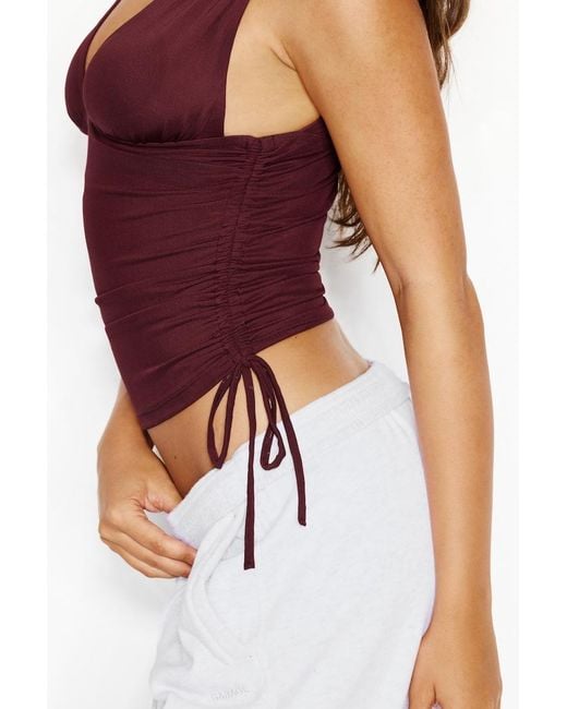 Garage Red Plunge Ruched Tie Mesh Top