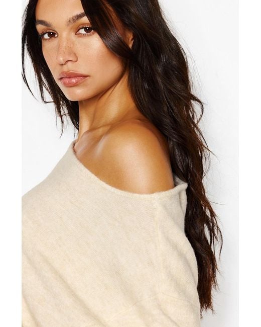 Garage White Long Sleeve Spongy Relaxed Off Shoulder Sweater