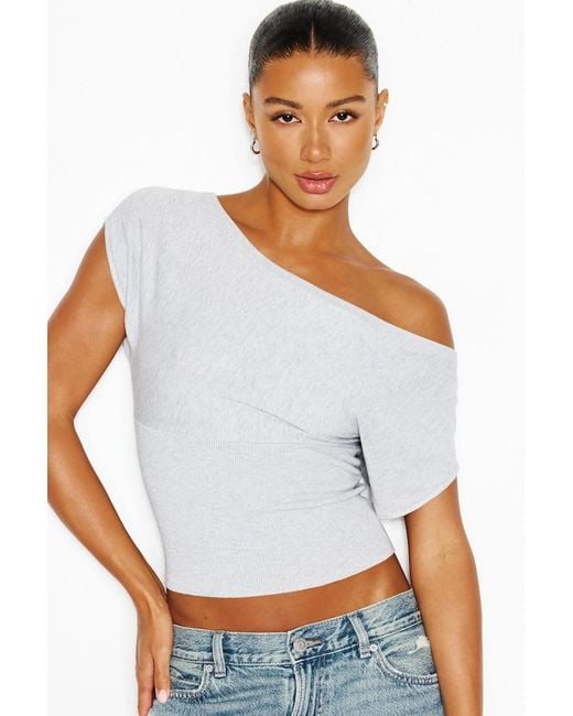 Garage White Off Shoulder Short Sleeve Cinch Waist Top