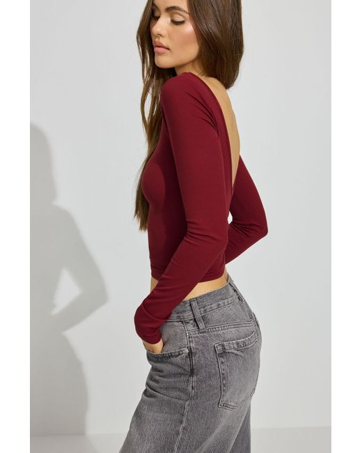 Garage Red Sleek Boat Neck Long Sleeve Top