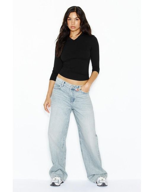 Garage Black Sleek High V-Neck 3/4 Sleeve Top