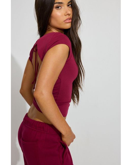 Garage Red Crew Neck Open Back Short Sleeve Top