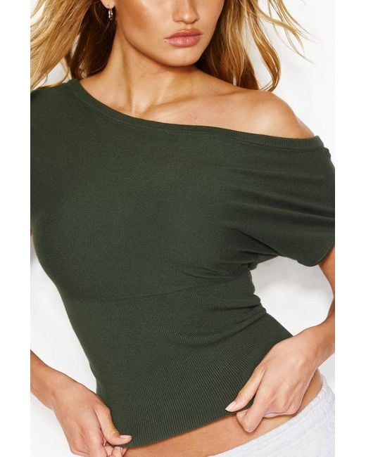 Garage Green Off Shoulder Short Sleeve Cinch Waist Top