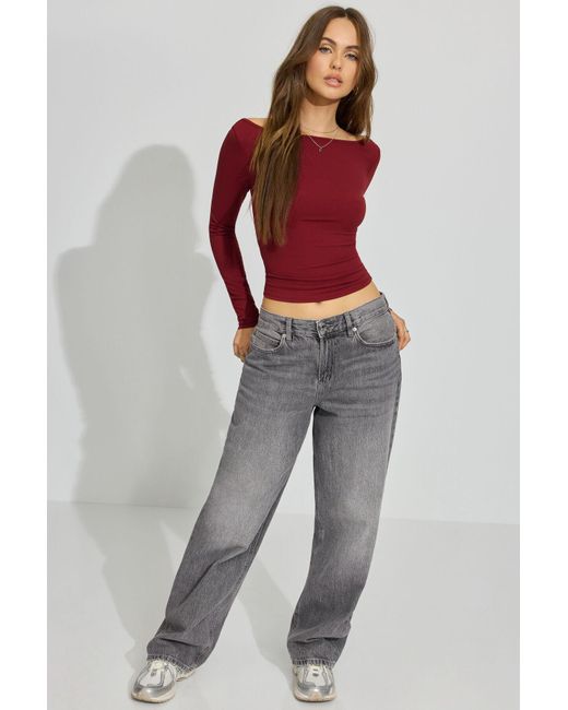 Garage Red Sleek Boat Neck Long Sleeve Top