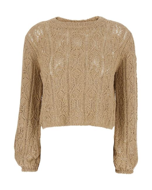 Semicouture Natural 'Crop Crewneck Sweater' With Elastic Hem And Perfora