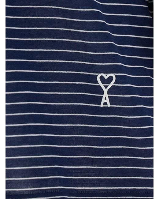 AMI Blue Polo Shirt With Striped Motif And Embroidered Ami De Coeur Logo On The Front