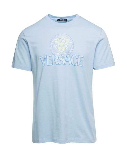 T-Shirt 'Medusa' Con Stampa Logo Frontale Azzurra di Versace in Blue da Uomo