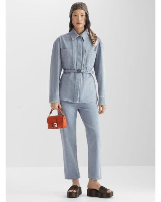 Fendi Gray 'Go To' Jacket With Belt With Ff Buckle And Logo Patch On The Front