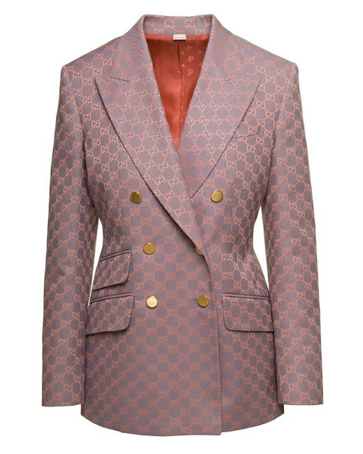 Gucci Purple And Pink Double-breasted Coat With gg Motif And Golden Buttons In Cotton