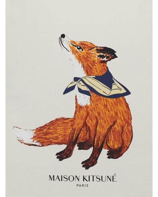 Maison Kitsuné White Dreaming Fox Tote Bag With Print On The Front Cotton For Shoulder for men