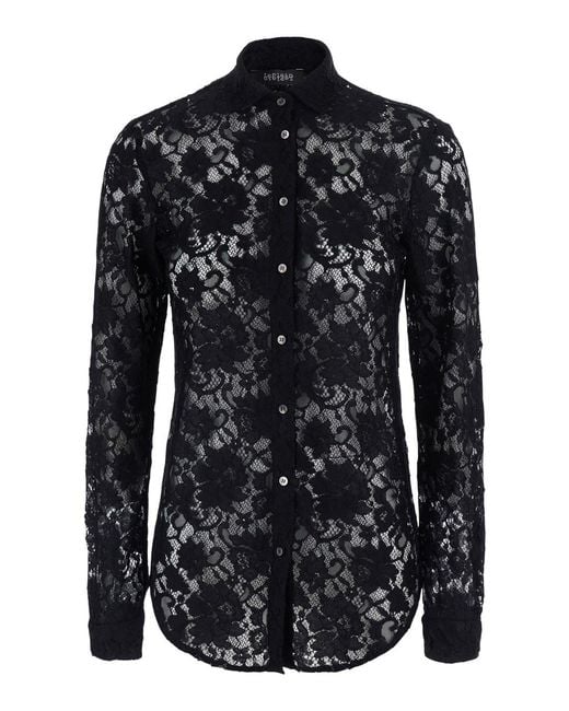 Le Plain Black Lace Shirt With Collar And Long Sleeves