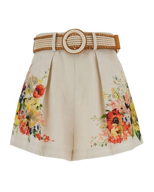 Zimmermann Natural White Shorts With Floreal Print And Belt In Linen Woman