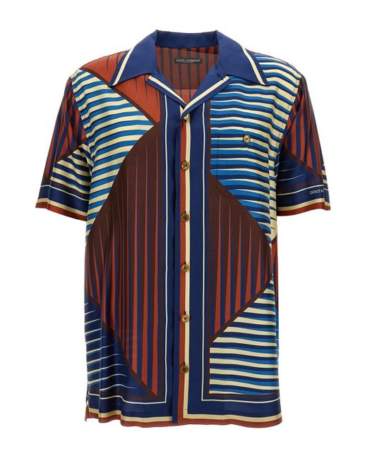 Dolce & Gabbana Blue Multicolor Geometric Print Shirt In Silk Man for men