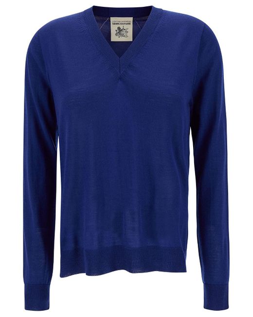 Semicouture Blue 'Nikita' Pullover With V Neckline And Ribbed Trim In