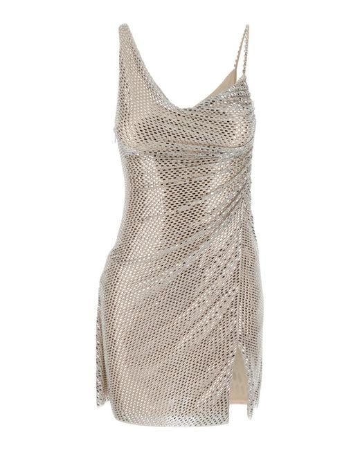 Self-Portrait Gray Mini Dress Sleeveless Draped With Rhinestones A