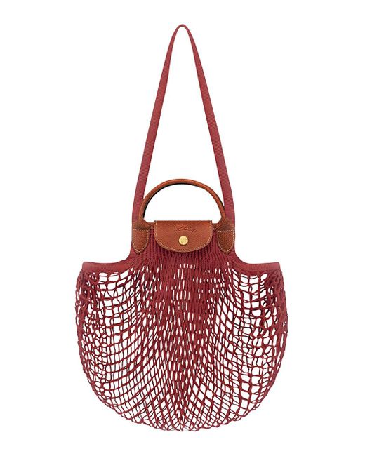 Longchamp Red 'Le Pliage Filet' Mahogany Handbag With Engraved Logo In