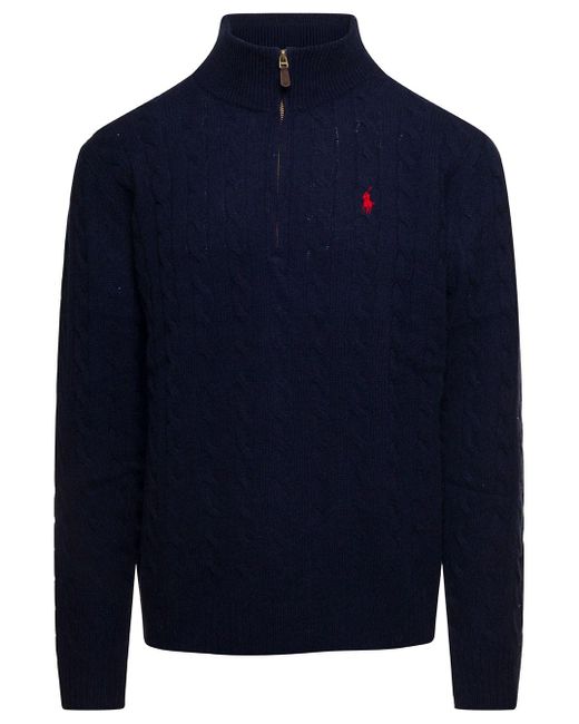 Pullover in misto lana e cashmere a trecce con logo ricamato e mezza zip di Polo Ralph Lauren in Blue da Uomo