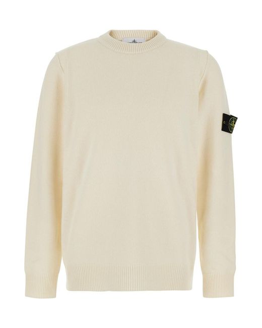 Stone Island White Lambswool Sweater With Round Neck And Long Sleeves for men