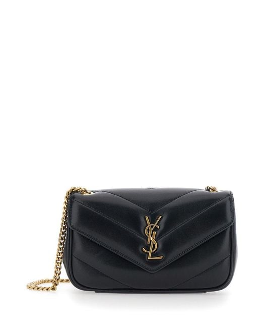 Saint Laurent Black 'Loulou' Mini Crossbody Bag With Cassandre Plate On The Front And Chain Strap