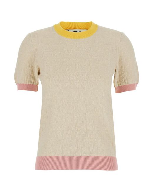 Fendi Natural T-Shirt 'Color Block Ff Short Sleeves Tee' With Logo