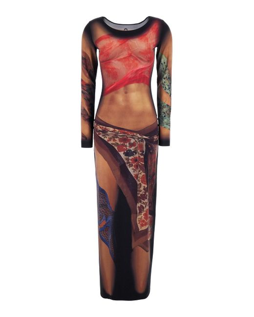MARINE SERRE Red Long Dress With All-Over Graphic Print
