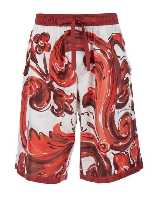 Dolce & Gabbana Red Bermuda Shorts With Elasticated Waist And Dra for men