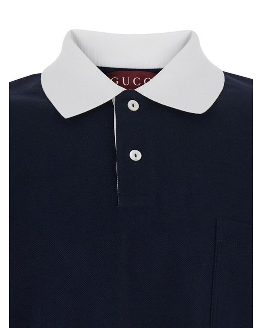 Gucci Blue T-Shirt 'Piquet + Web' With Round Neck And Short Sleeves For for men