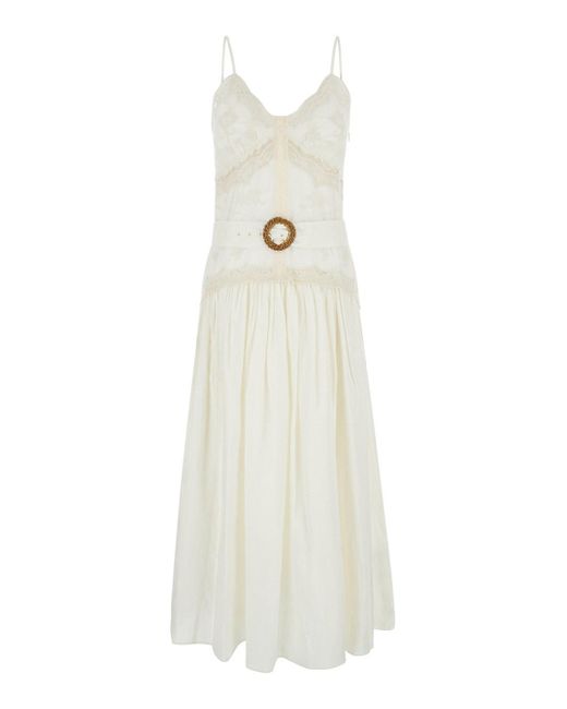 Twin Set White Long Cream Dress With Embroideries And Matching Belt In