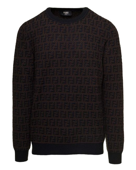 Fendi Black Crewneck Knit Pullover With Ff Motif Intarsia In Wool, Cotton And Cashmere Blend for men