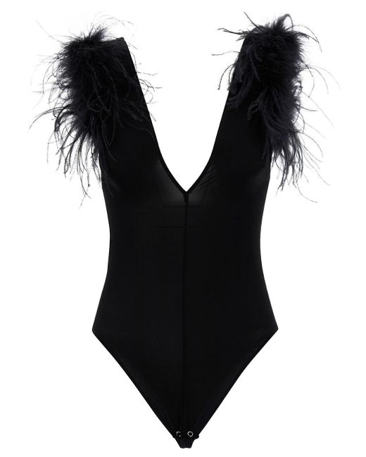 Pinko Black Bodysut With V Neckline And Feathers