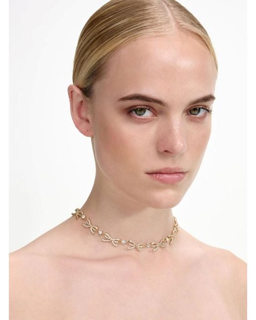 Self-Portrait Metallic Necklace With Bow And Crystal Embellishments In