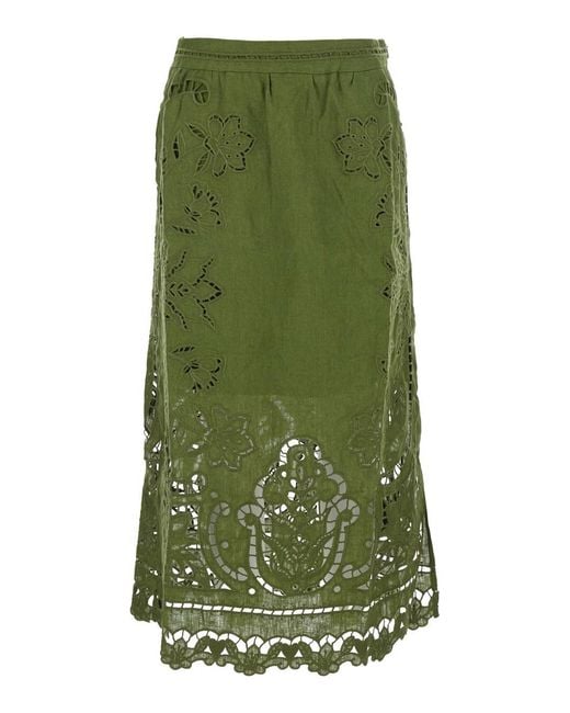 Farm Rio Green Dress Majestic Garden With Floral Cut-Out And All-Over Embroidery