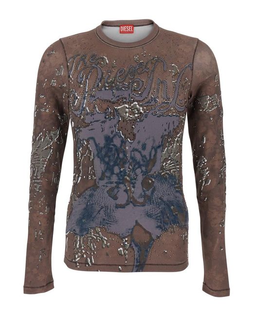 DIESEL Gray 'T-Tadeo' T-Shirt With Long Sleeves And All-Over Logo Motif for men