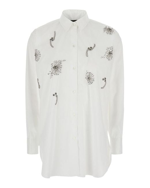 Le Plain White Shirt With Classic Collar And Rhinestone Embellishments