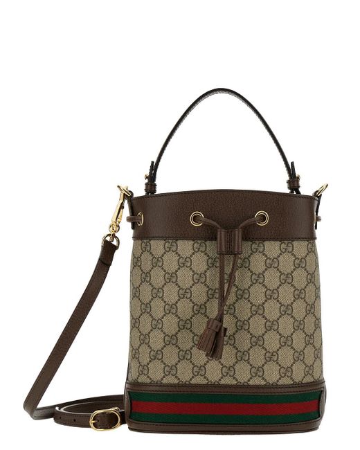 Gucci Black 'ophidia' Small Beige Bucket Bag With Web Detail In gg Supreme Canvas