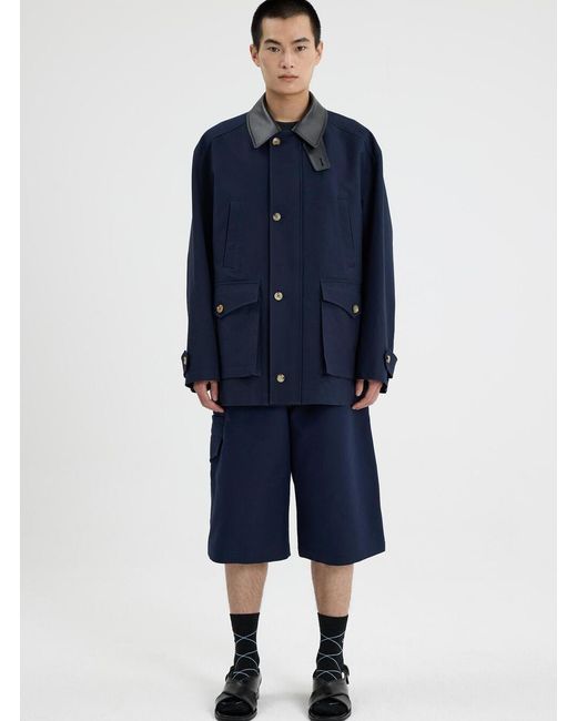 AFTER PRAY Blue Jacket With Leather Collar And Welt Chest Pockets for men