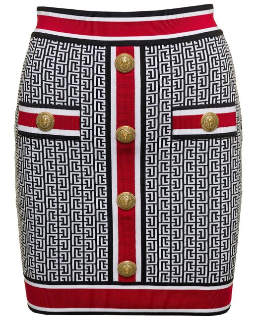 Balmain Red Mini Skirt In Monogram Knit